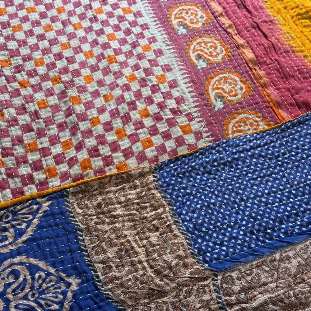 Vintage Kantha Quilt Twin Hand Stitched Sari Patchwork Boho Textile 52” x 80”